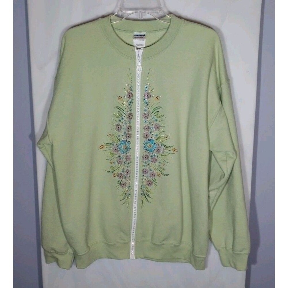 Upcycled Full Zip Sweatshirt Sz L Green Floral Embellished Rhinestone Zipper